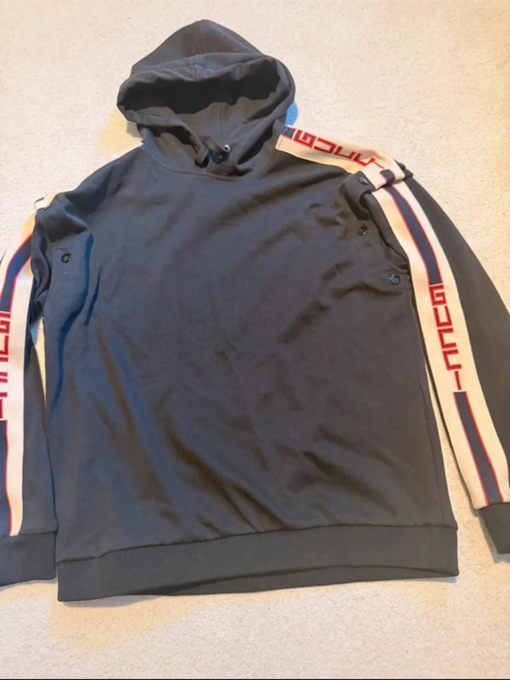Gucci Navy Hoodie with Cream Sleeves and Red & Blue Stripes